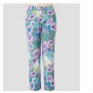 Larry Levine Women Floral Stretch Pants Flat Front Size 8 slim ankle pastel.